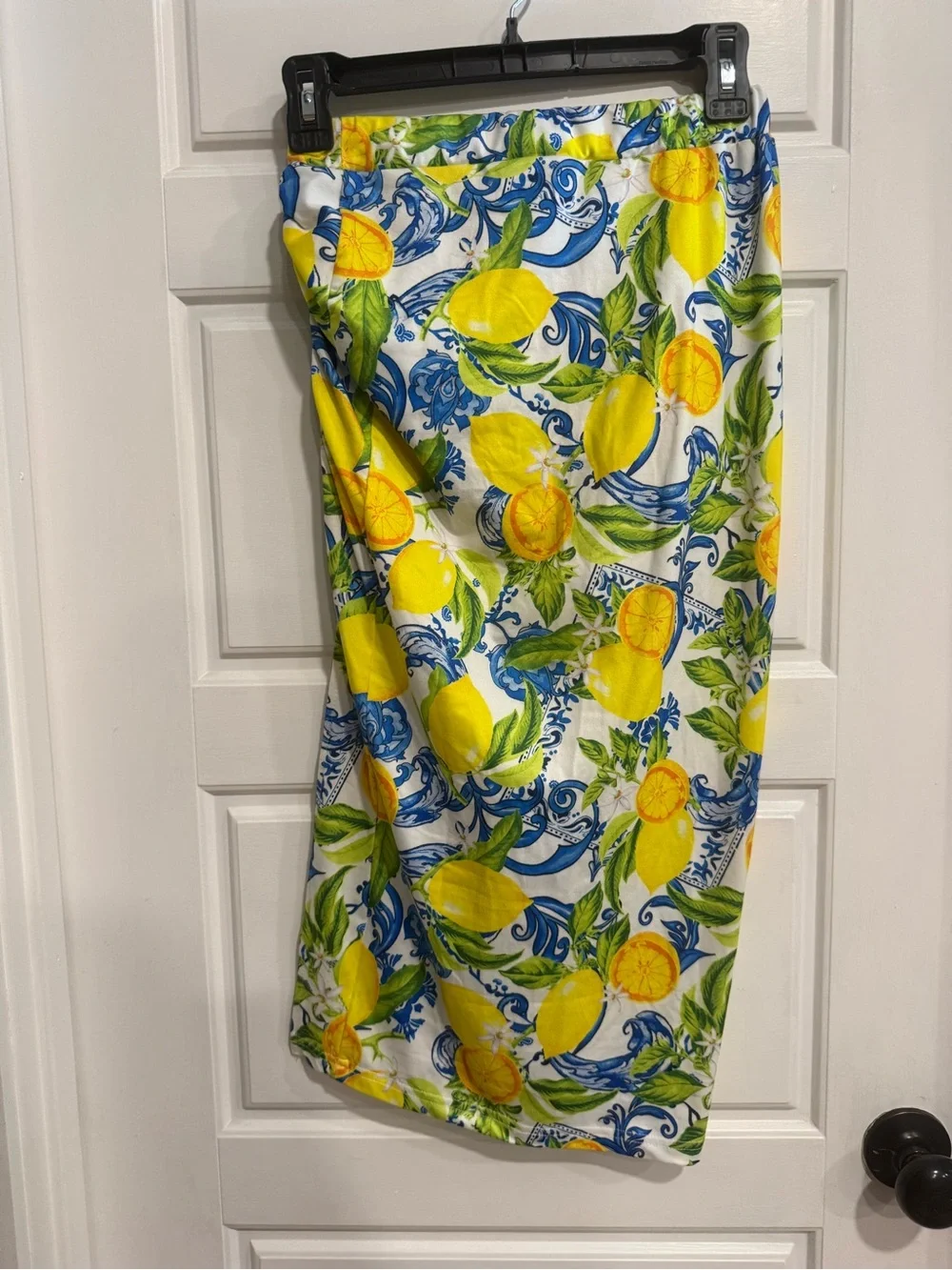 Lemon Blue Tile Print Ruched Side Slit Midi Skirt XS Mediterranean Coastal